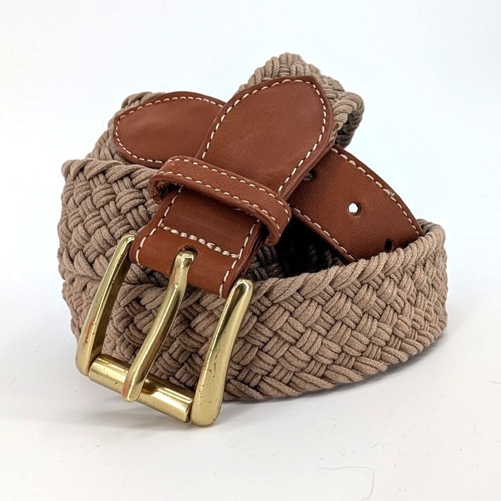 L.L. Bean Mens Braided Cotton‎ Leather Belt Khaki Brown Brass Buckle Size 46